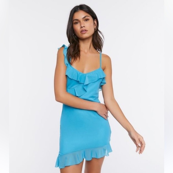 Forever 21 Turquoise Ruffle Mini Dress - Picture 1 of 4